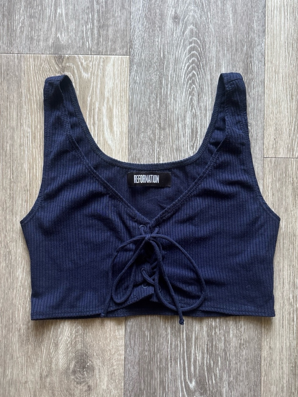 Reformation Navy Blue Ribbed Lace Up Tie Crop Top Size S